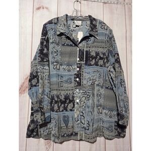 Tess Women Blue Jazz Paisley Patchwork‎ Long Sleeve Button Up Shirt 3X